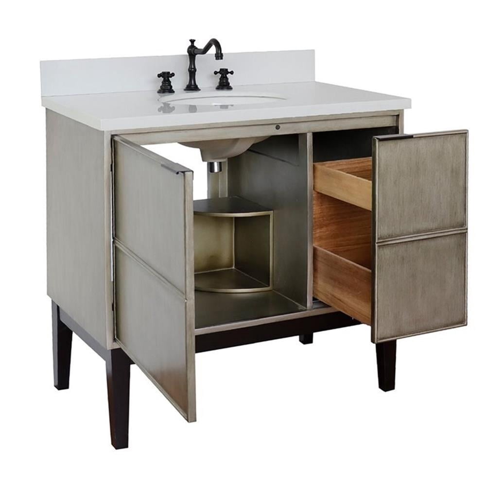 Bellaterra Home 37" Single vanity in Linen Brown finish top with White quartz and oval sink