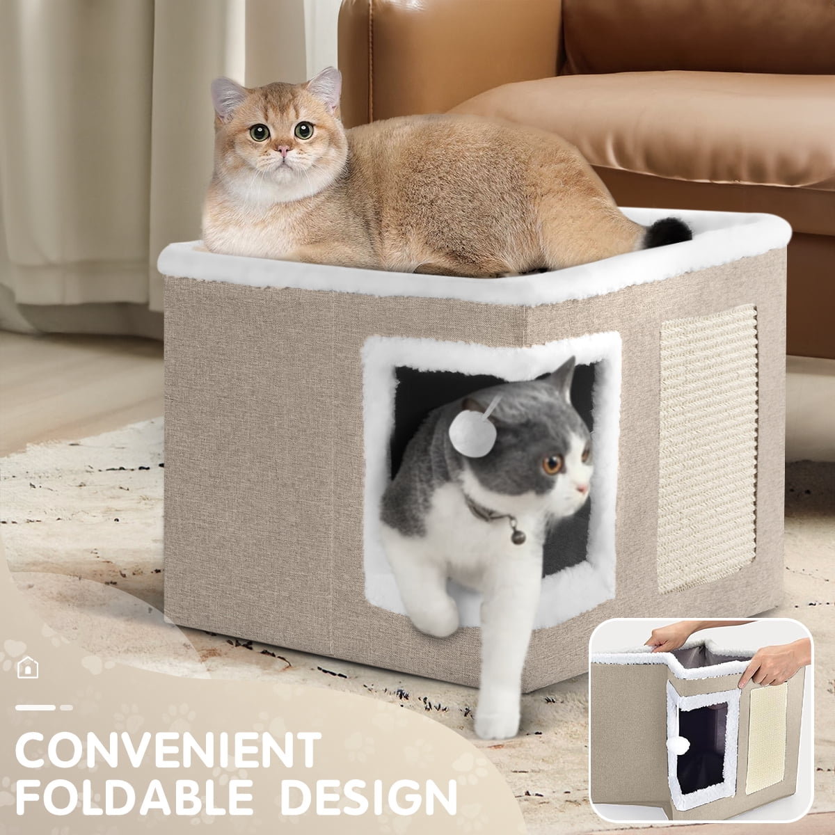 HDJ Indoor Pet Bed for Cats, Covered Foldable Kennel Bed with Scratching Board, Suitable for Many Small Pets, Light Gray