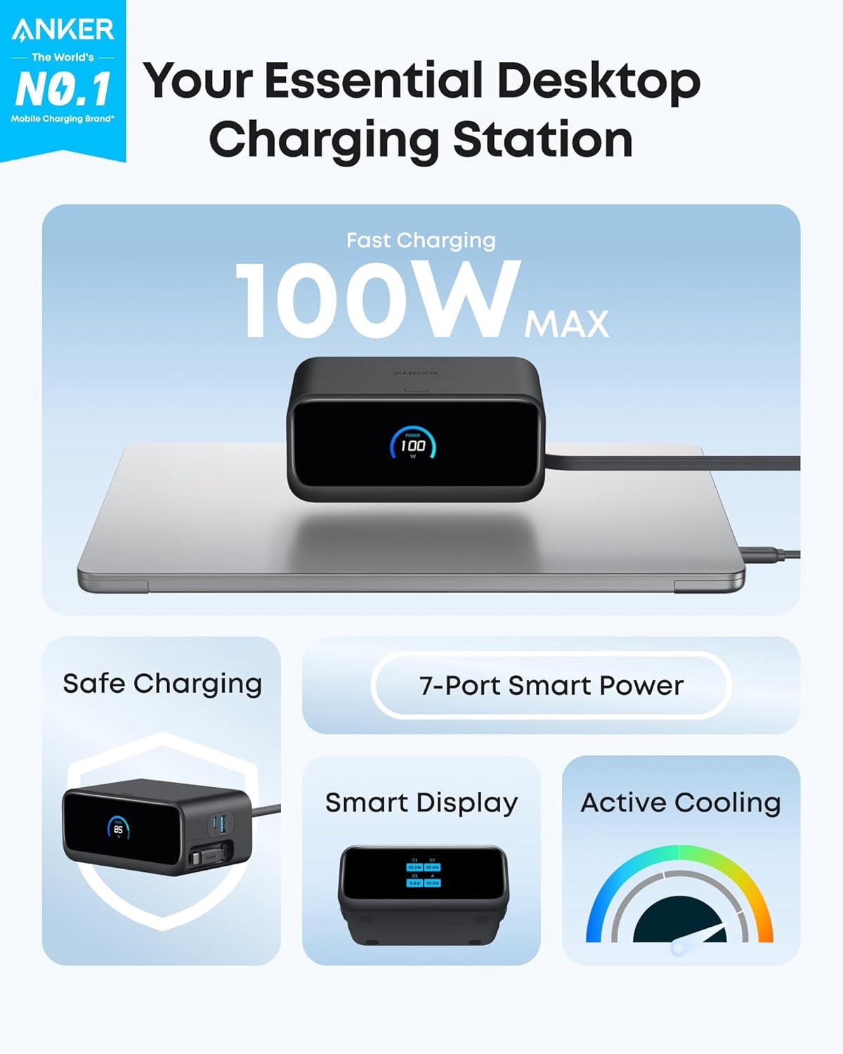 Anker Nano Charging Station, 7-in-1 USB-C Power Strip, 2.3 ft Anker InstaCord Retractable Cable