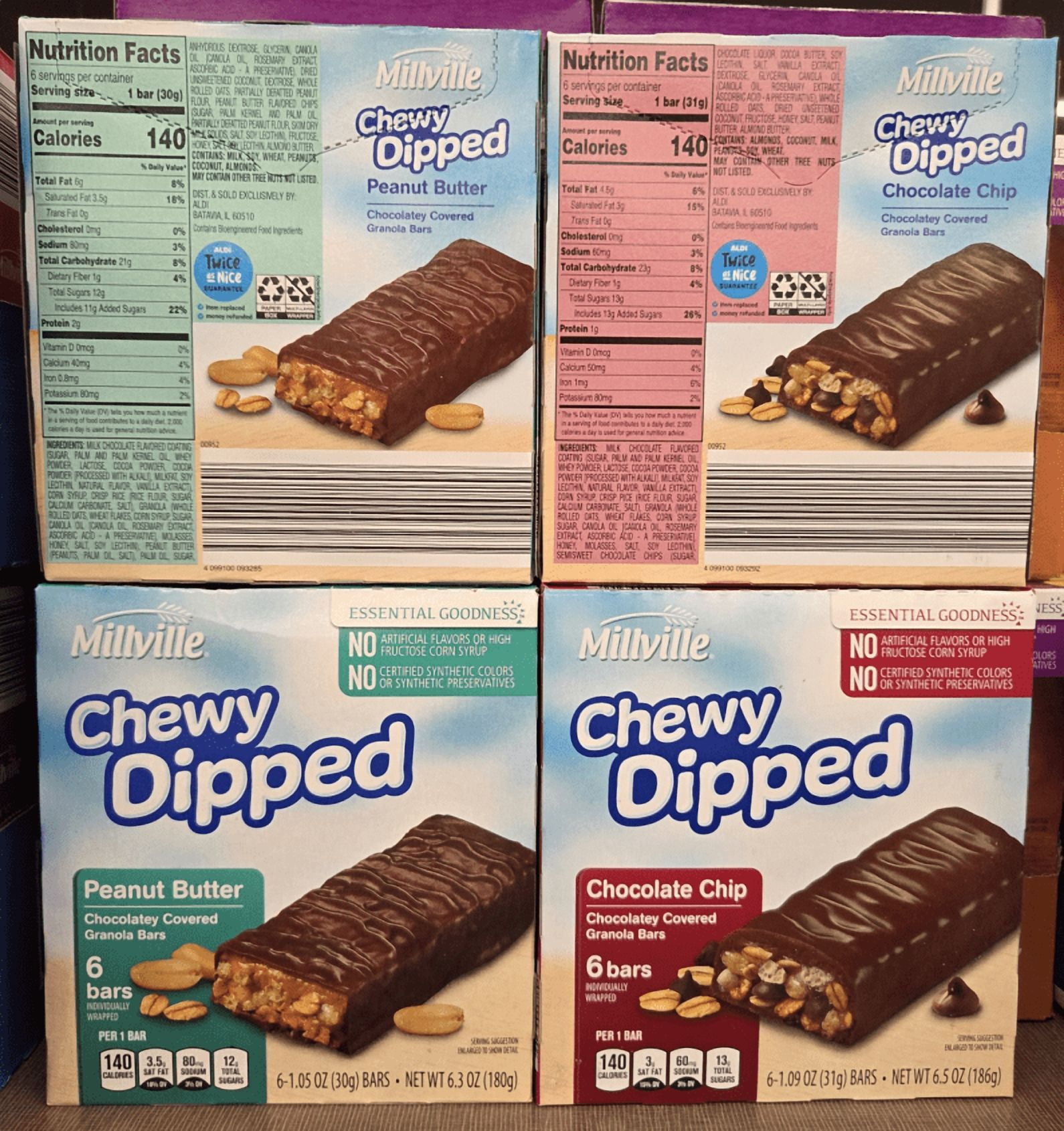Millville Chewy Dipped Peanut Butter & Chocolate Chip Granola Bars 6.3oz 180g (4 Boxes)
