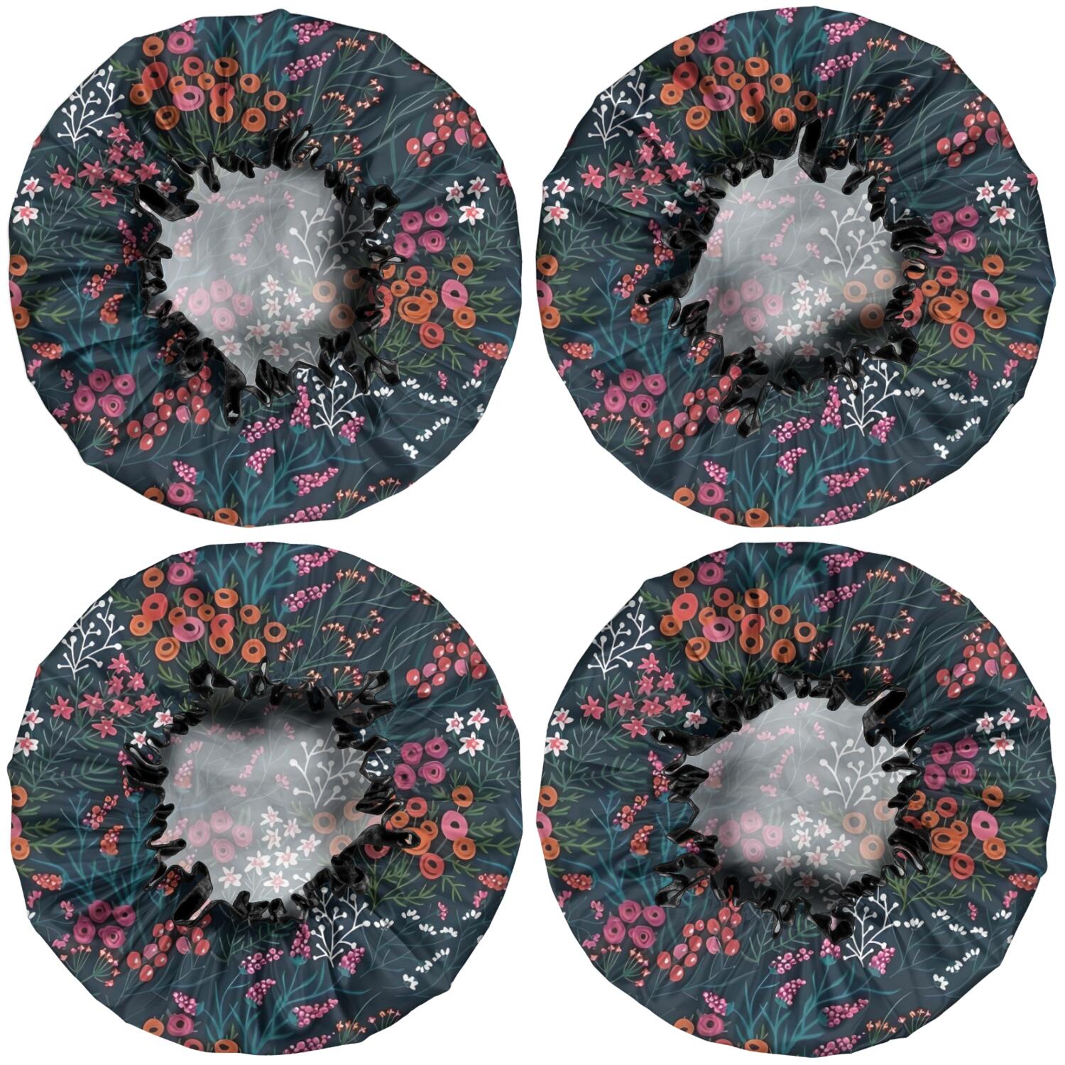 Shower Caps,Pioneer Flower Floral Print Pattern Waterproof Shower Cap for Women 4 Pieces,Double Reusable Hair Cover for Shower PEVA Elastic Stretch Hem