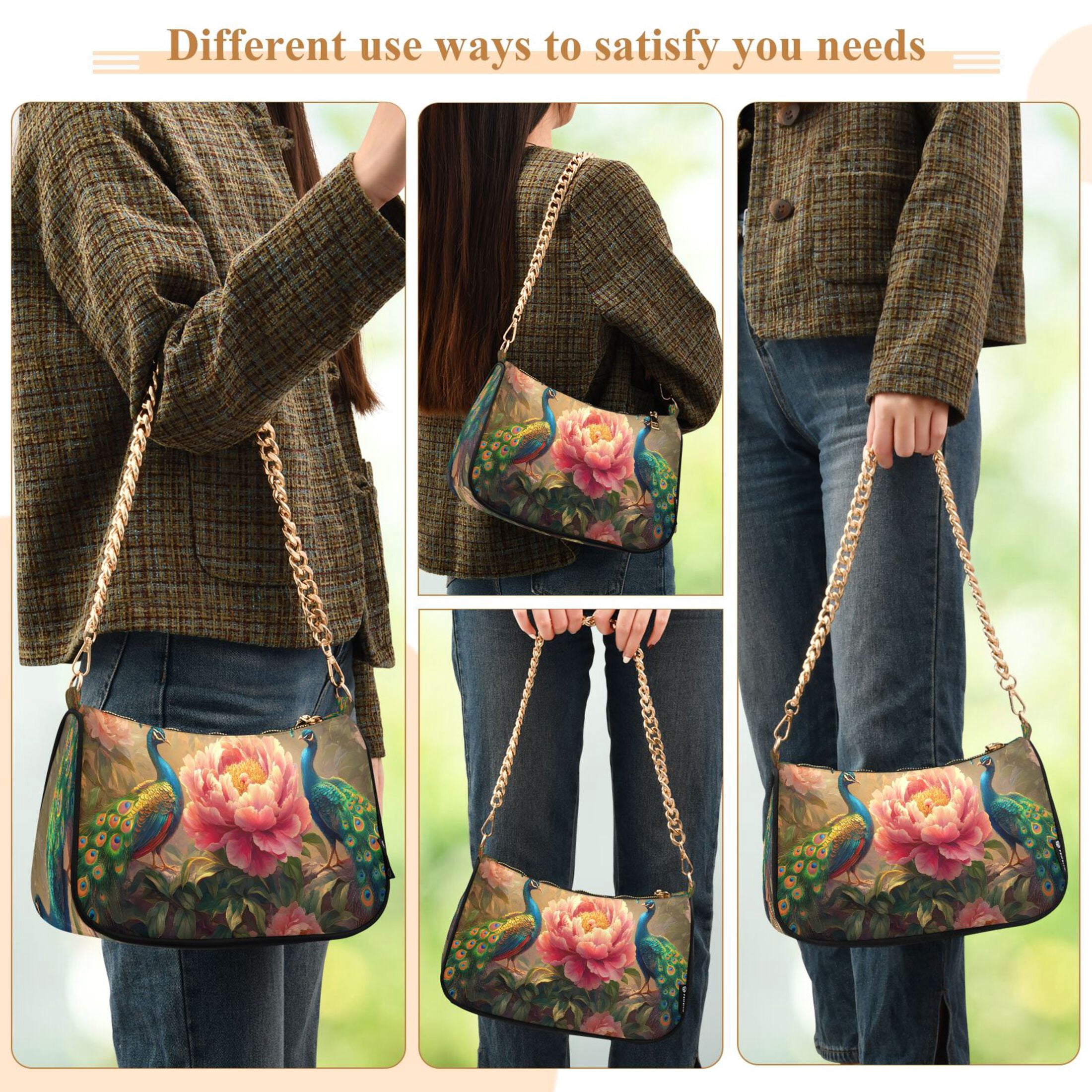 Ryvnso Peacocks Peony Flower Womens Chain Shoulder Bag Tote Handbags Clutch Hobo Purse with Zipper for Travel