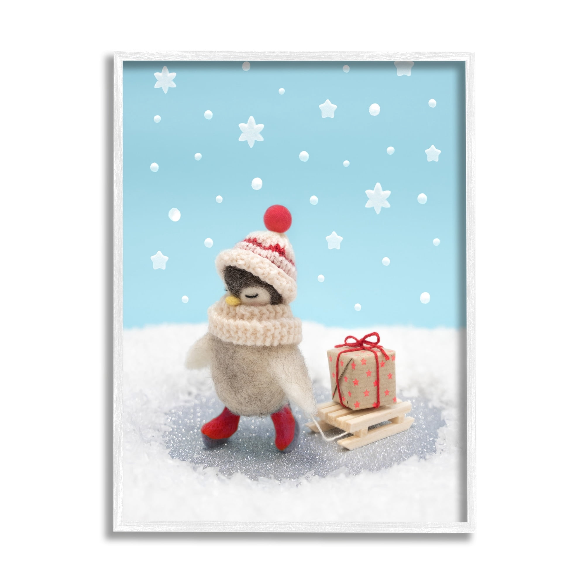 Stupell Industries Penguin Christmas Present Sled Holiday Photography White Framed Art Print Wall Art