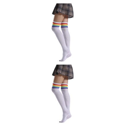 

Gole Trade Pack of 2 Striped Plus Size Thigh High Socks Breathability Unique Flexible Fad Appearance Non for Slip Hose Sock Stockings white sports rainbow 2PCS