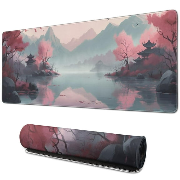 Rectangle Ink Painting Cherry Blossom Scenery Mouse Mat, Japanese Cherry Blossom Large Non-Slip Rubber Gaming Mouse Pad with Stitched Edges, Office Mouse Pad for Women Men Kids, 31.5x11.8in