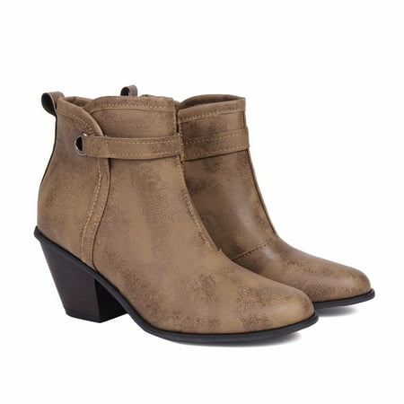 

Akiihool Ankle Boots for Women Dressy Womens Pointed Toe Stacked Mid Heel Mid Calf Low Heeled Short Booties (Khaki 9)