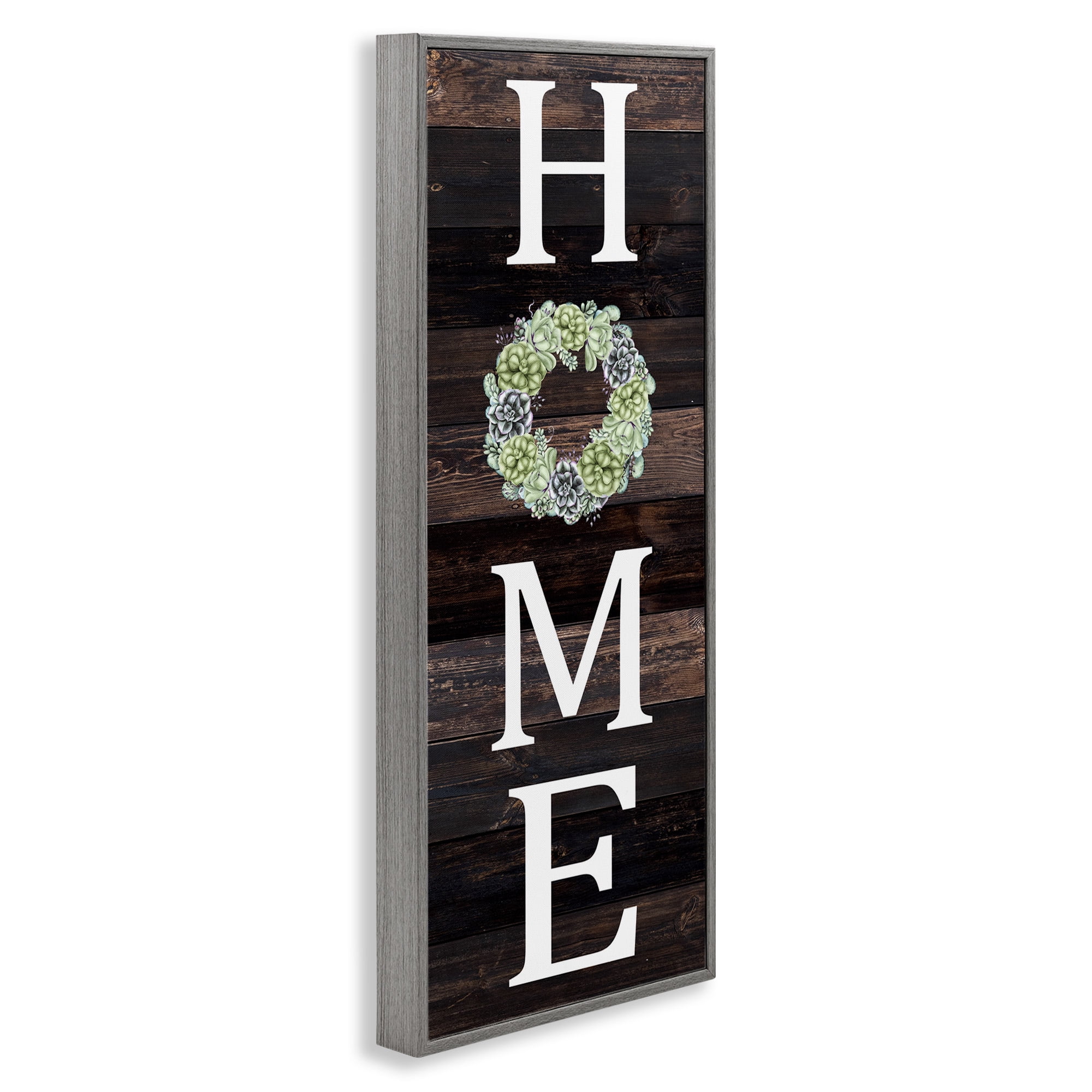 Stupell Industries Welcome Home with Succulent Wreath Typography Painting Gray Framed Art Print Wall Art, 10 x 24
