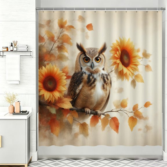 Fall Cloth Shower Curtain An owl sitting on a branch with sunflowers in the background 72" x 72" Bathroom Pretty Decor