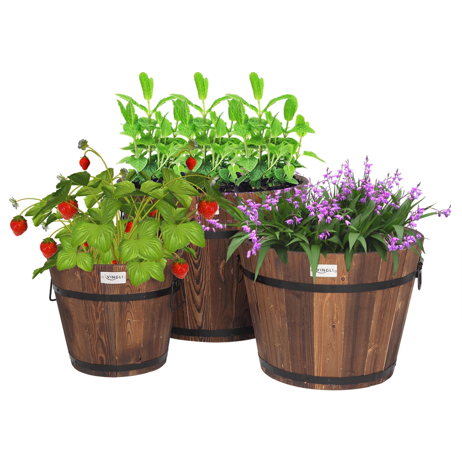 VINGLI Wooden Planter Barrel Set Brown Wood Rustic Flower Pots