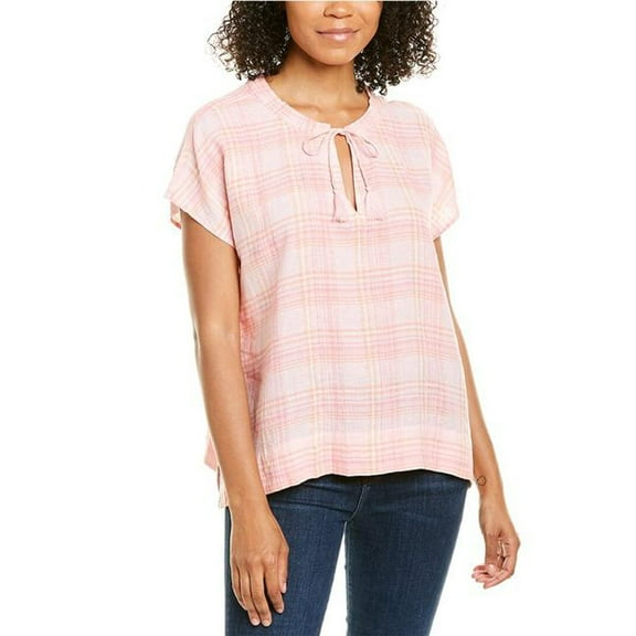 Tommy Bahama Mad Plaider Linen-blend Top Blouse, Malibu Peach, Small