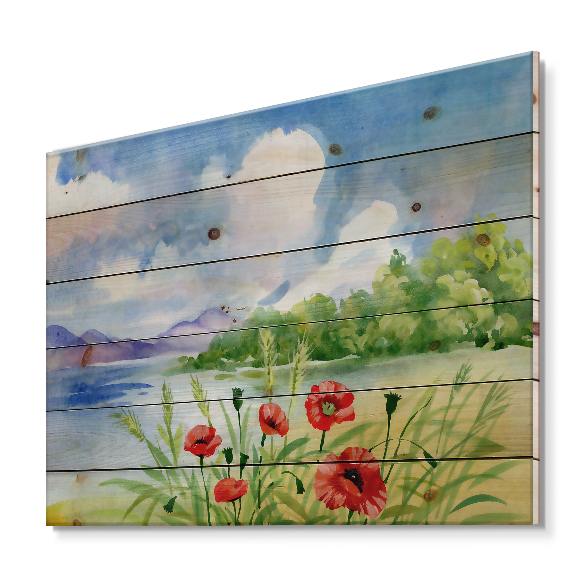 Designart 'Red Tulips On The Bank Near A River Mountain' Lake House Print on Natural Pine Wood