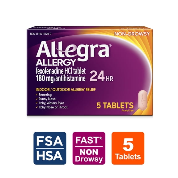 Allegra Adult 24-Hour Allergy Relief Tablets, Non-Drowsy Indoor and Outdoor Allergy Medicine, 180 mg Fexofenadine HCI Antihistamine Pill, 5-Count