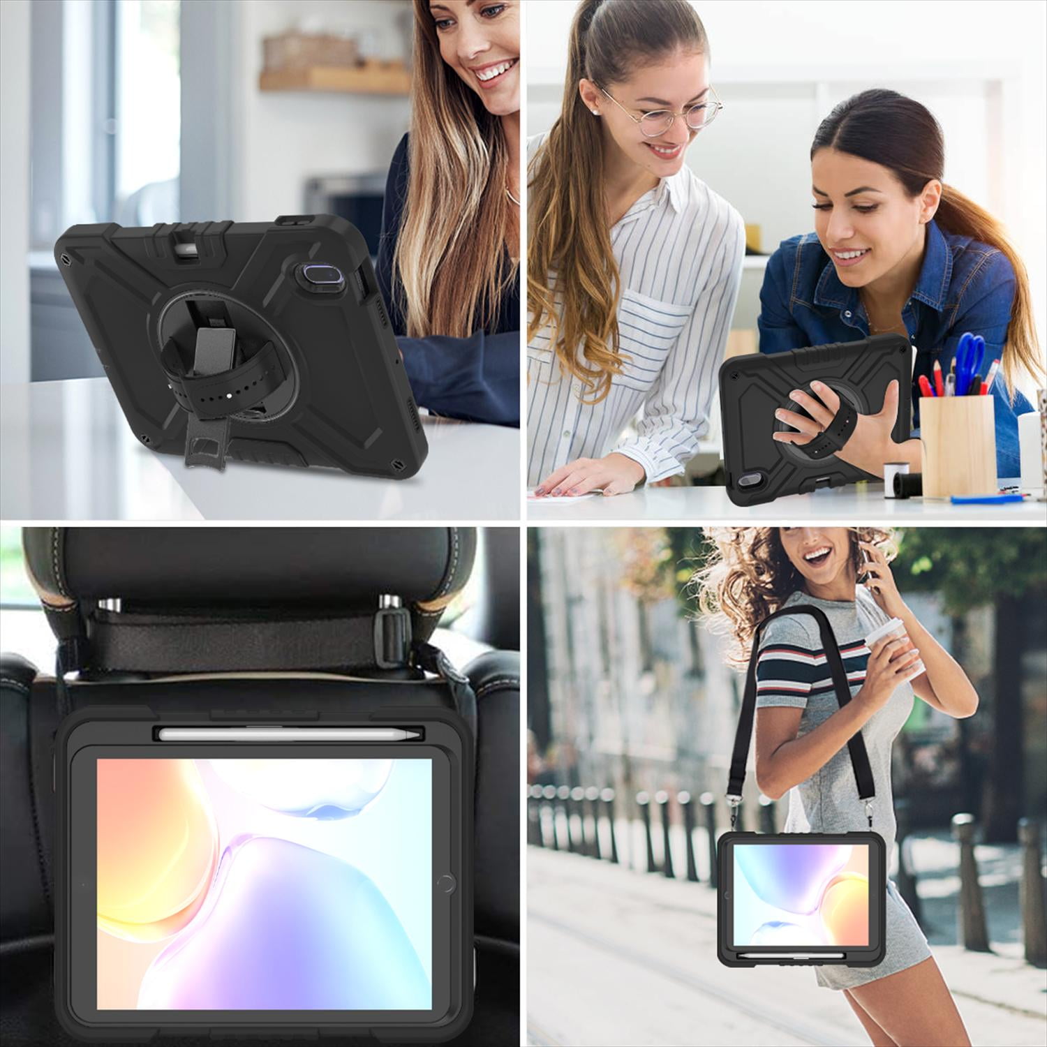 Case for iPad 11th Generation 2025 11-inch/10th Generation 2022 10.9-inch, Heavy Duty Military Grade Shockproof Rugged Protective Cover with Built-in Stand/Pencil Holder Shoulder Strap, Black