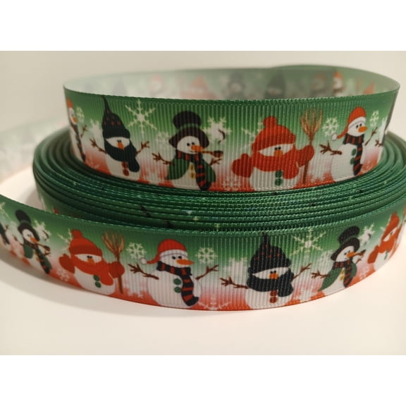 Grosgrain Ribbon Printed Christmas Snowmen on Red and Green Background, 3 Yards (9 Feet) 7/8 Inch Wide