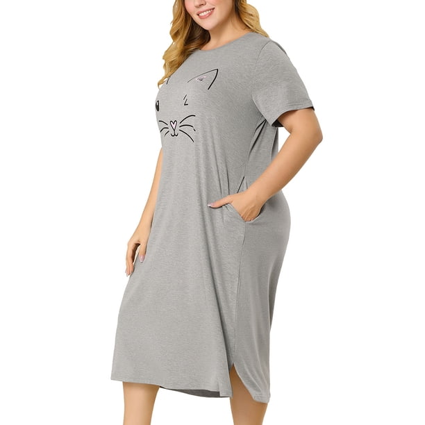 Women's Plus Size Nightgown Cat Print with Pocket Sleep Dress Sleepwear Gray 2X