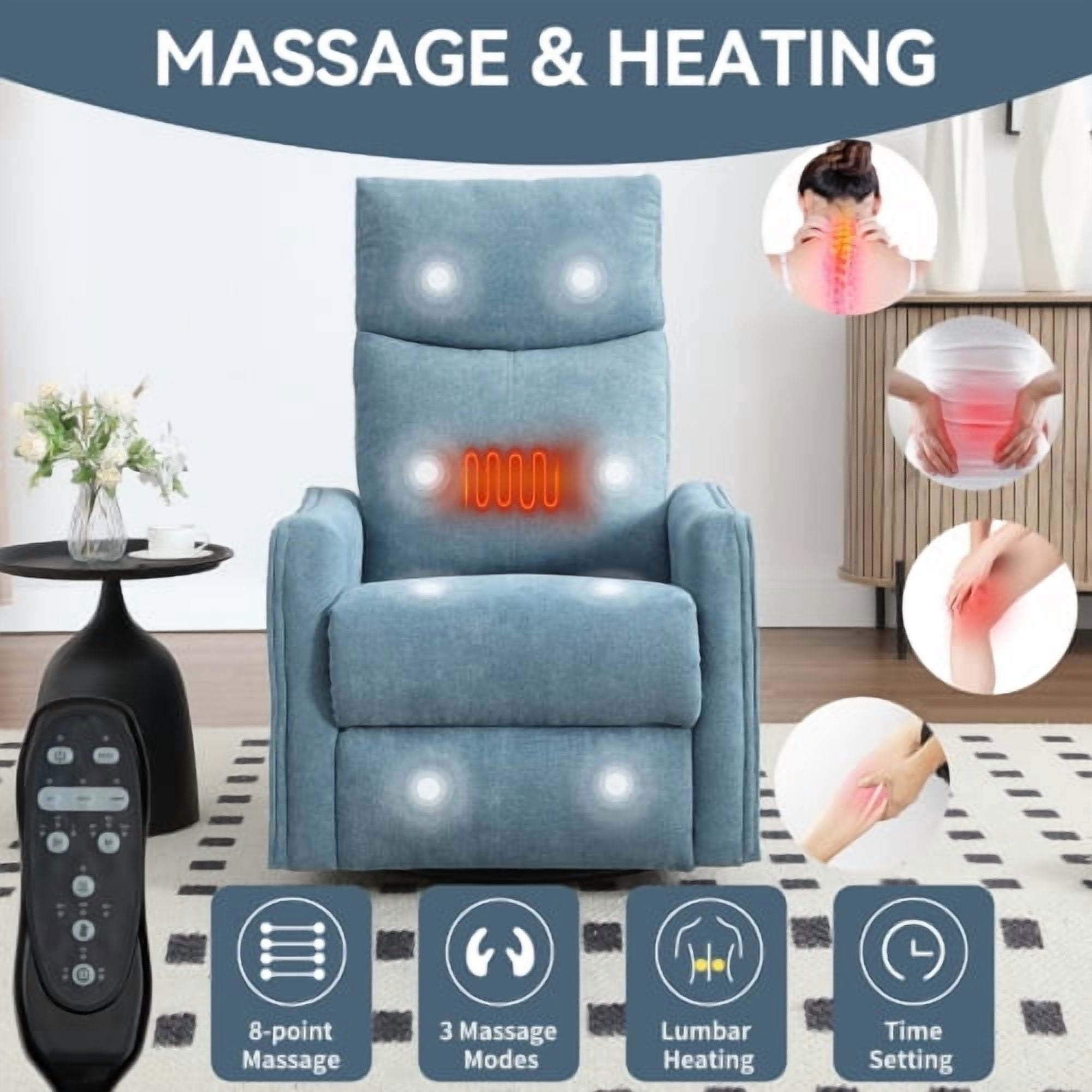 Leumius Recliner Chair with Massage and Heat,360° Manual Swivel Rocker Chair for Adults,Upholstered Fabric Glider Recliner Nursery Chair with Side Pockets for Living Room,Blue
