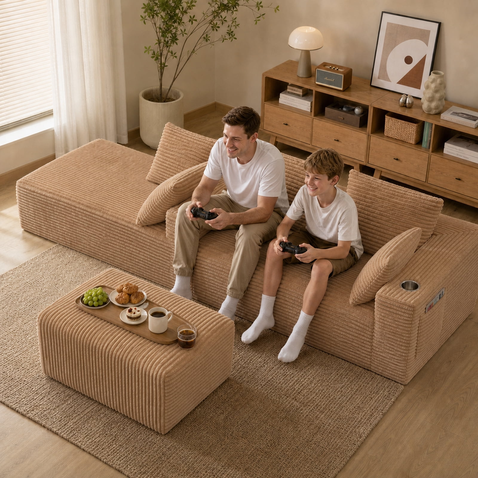 95'' 4 Seater Boneless L Shape Modular Sofa Couch with 4 Pillows, 2 Cup Holders and Ottoman