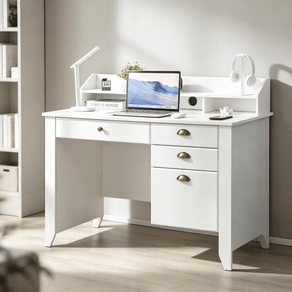 Catrimown Computer Desk with Drawers, 47.5 inch White Desk with Monitor Stand, Home Office Desk with Hutch Shelf for Small Space, White