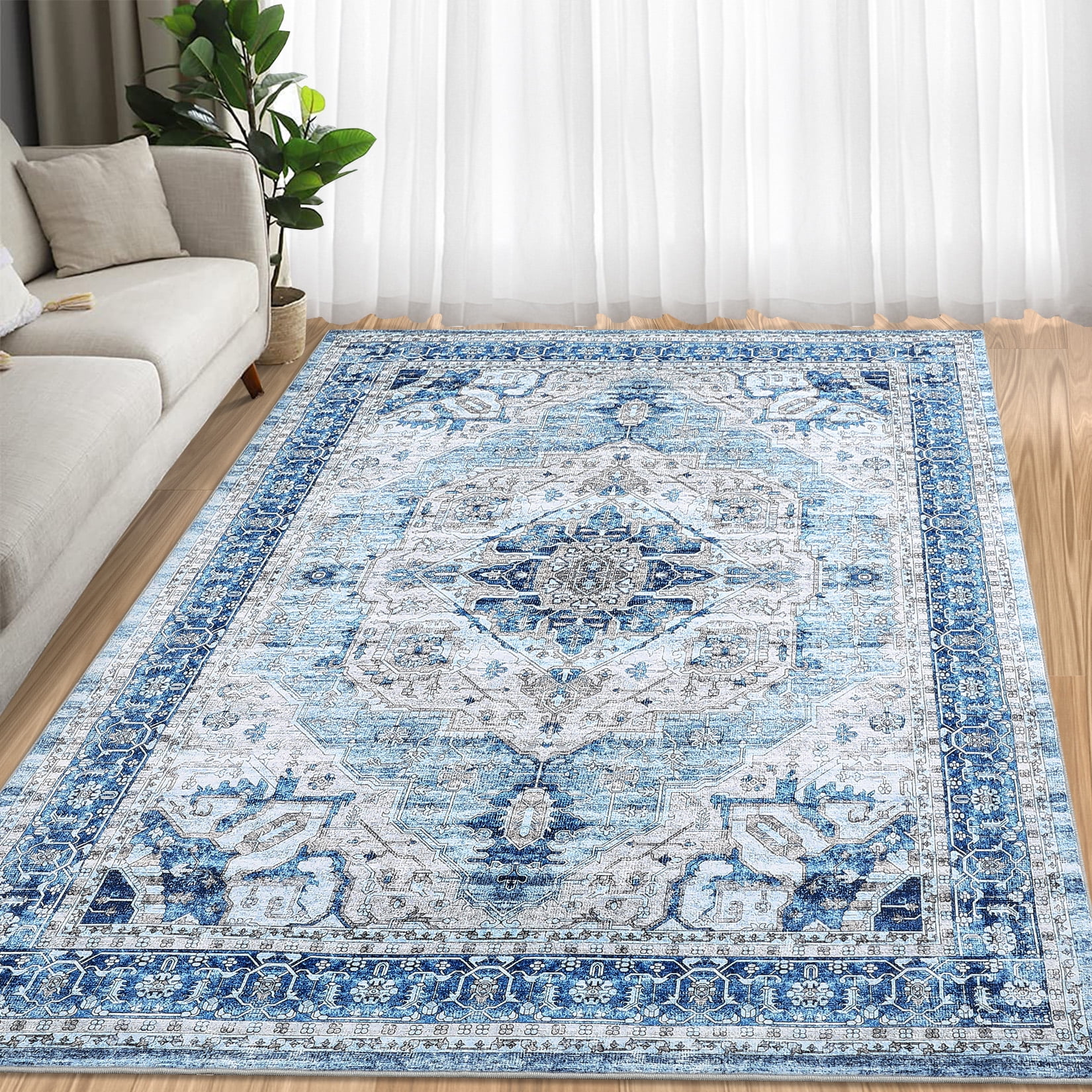 FairOnly 9'x12' Blue Machine Washable Living Room Area Rugs Boho Vintage Rugs for Bathroom Indoor Floor Non Shedding Rugs Home Office Carpet