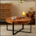 thumbnail image 3 of 33.86"Modern Retro Splicing Round Coffee Table, Fir Wood Table Top with Black Cross Legs Base(Same SKU:W757127347), 3 of 17
