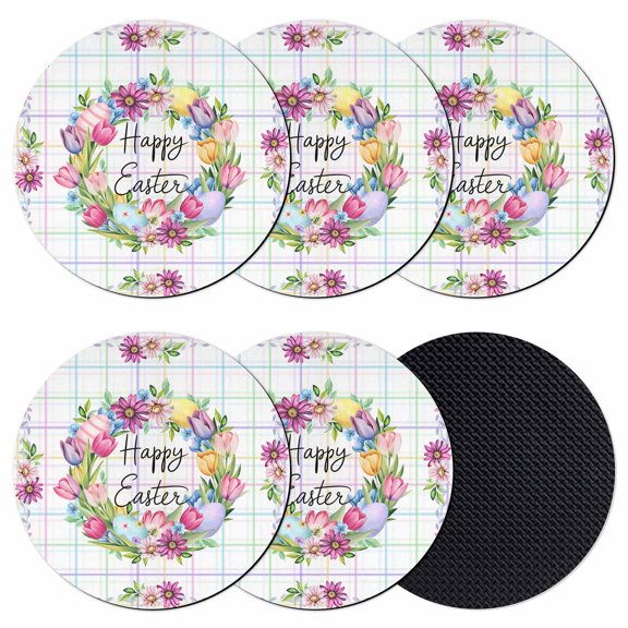 Happy Easter Coasters Set of 6, Absorbent Coasters for Drinks, Watercolor Floral Daisy Wreath Eggs Colorful Plaid Coaster for Desk Coffee Table Protection, Home Decor House Warming Gifts 4"