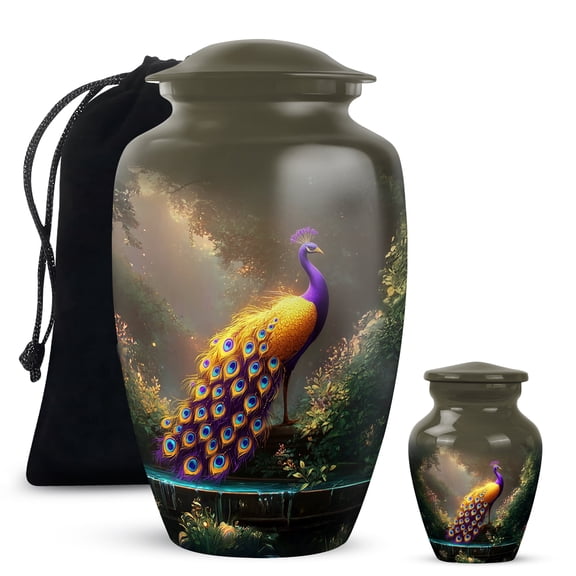 Yatskia Golden and Purple Peacock Mini Cremation Urn for Ash Adult Mom and Dad, Large Funeral Urns for Human Ashes Adult Female, (Classic 10 Inch and 3 Inch)
