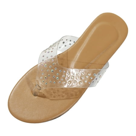 OJSFQUFP Summer Sandals for Women Fashion Spring and Summer Women Slippers Flat Bottom Light Open Toe Flip Flops Transparent Upper Rhinestone Beach Shoes Slipper for Women Clear 39