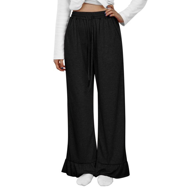 Ladies Casual Pants Spring Summer Thin Solid Color Elastic Mid Waist Drawstring Wide Leg Flared Pants Ladies Dress Pants Black L