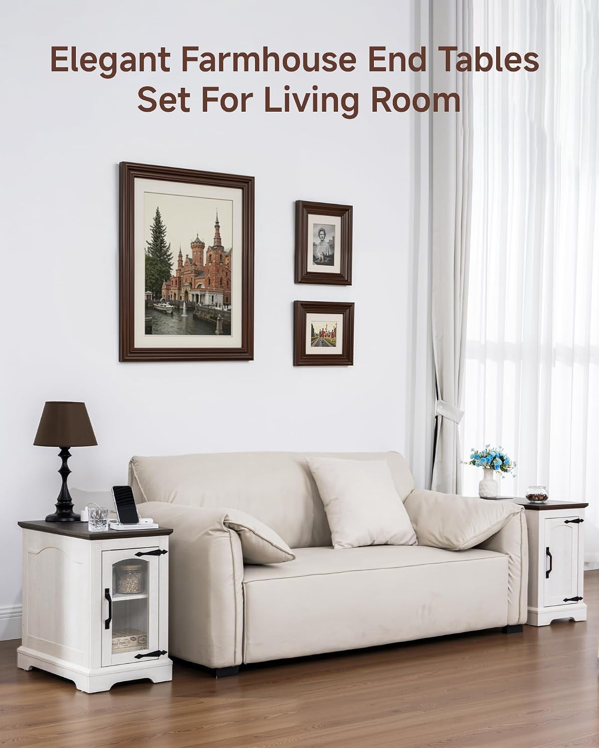 (4 pack) RTC GROUP Narrow Farmhouse End Table with Charging Station, Bedside Table with Storage Cabinet, 2 AC Outlets & 2 USB Ports, Side Table for Bedroom, Living Room, Couch or Sofa, White Oak
