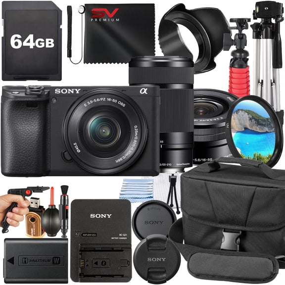 Sony A6400 Mirrorless Camera with 55-210mm Lens   16-50mm Lens   SanDisk 64GB Memory Card   Pistol Grip Tripod   SV Premium Accessory Bundle (International Model)