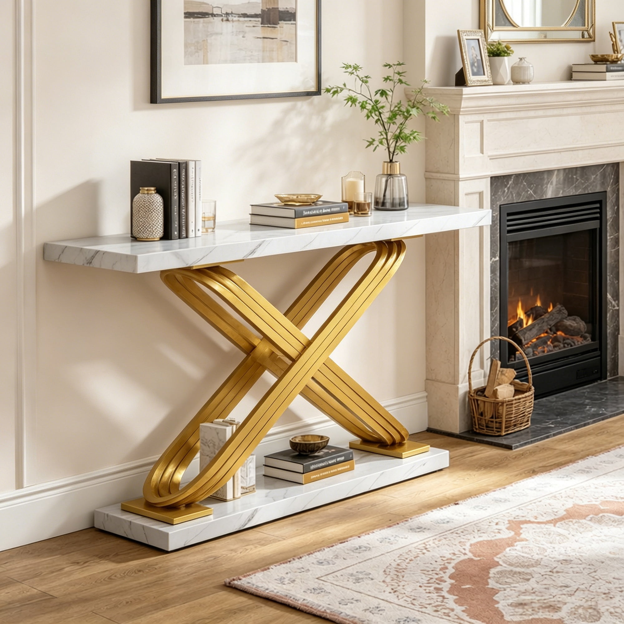Long Console Table, White Faux Marble Top with Golden Metal X-Frame, 59.06 in