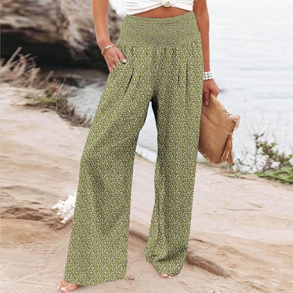 Womens Pants Casual High Waist Flowy Wide Leg with Floral Print Elastic Waistband Side Pockets Comfortable Trousers Womens Slacks for Work