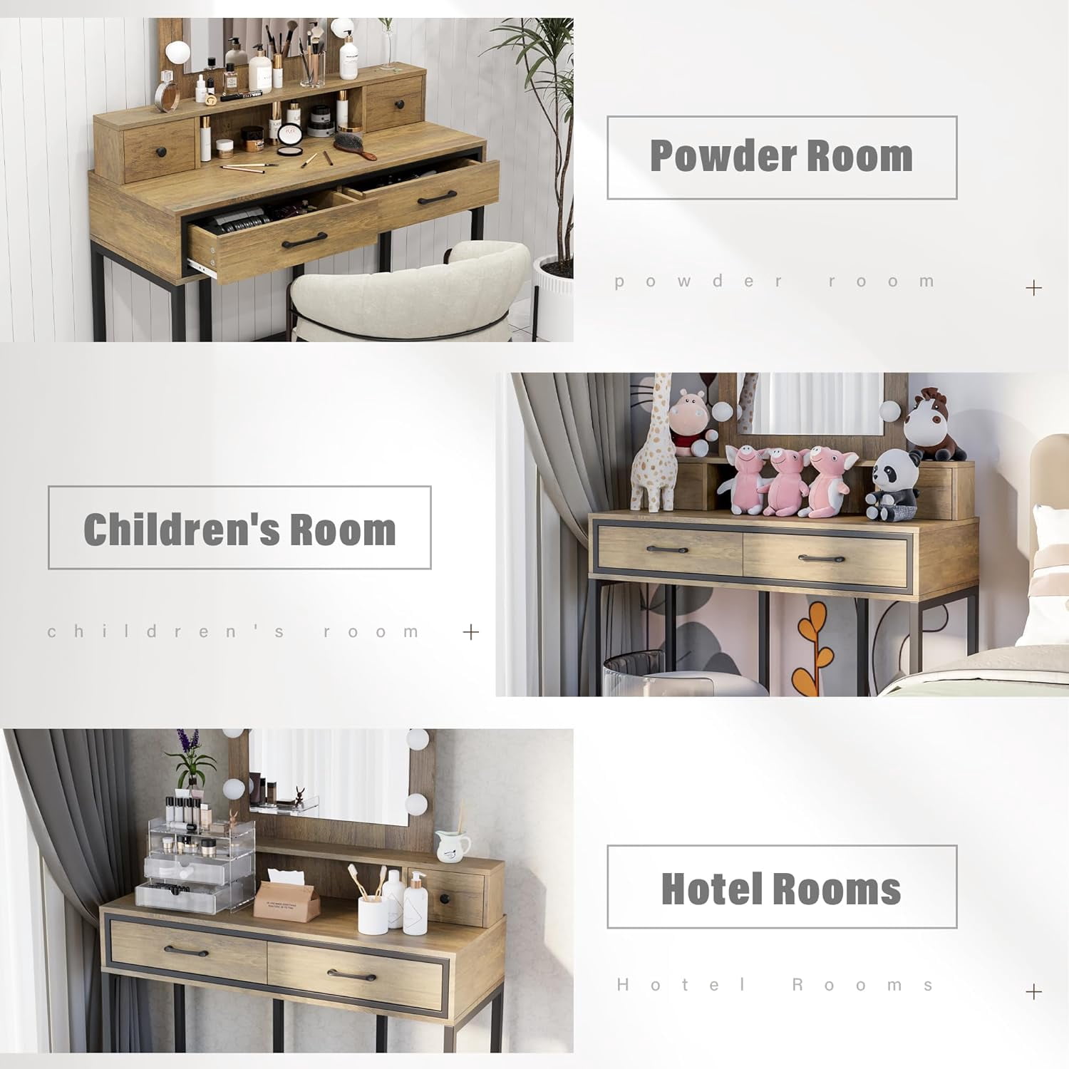 Heynemo Makeup Vanity with 3 Color Dimmable Lighted Hollywood Mirror, Vanity Table with 4 Drawers for Women Girls, Dressing Desk for Bedroom, Beauty Room, Brown