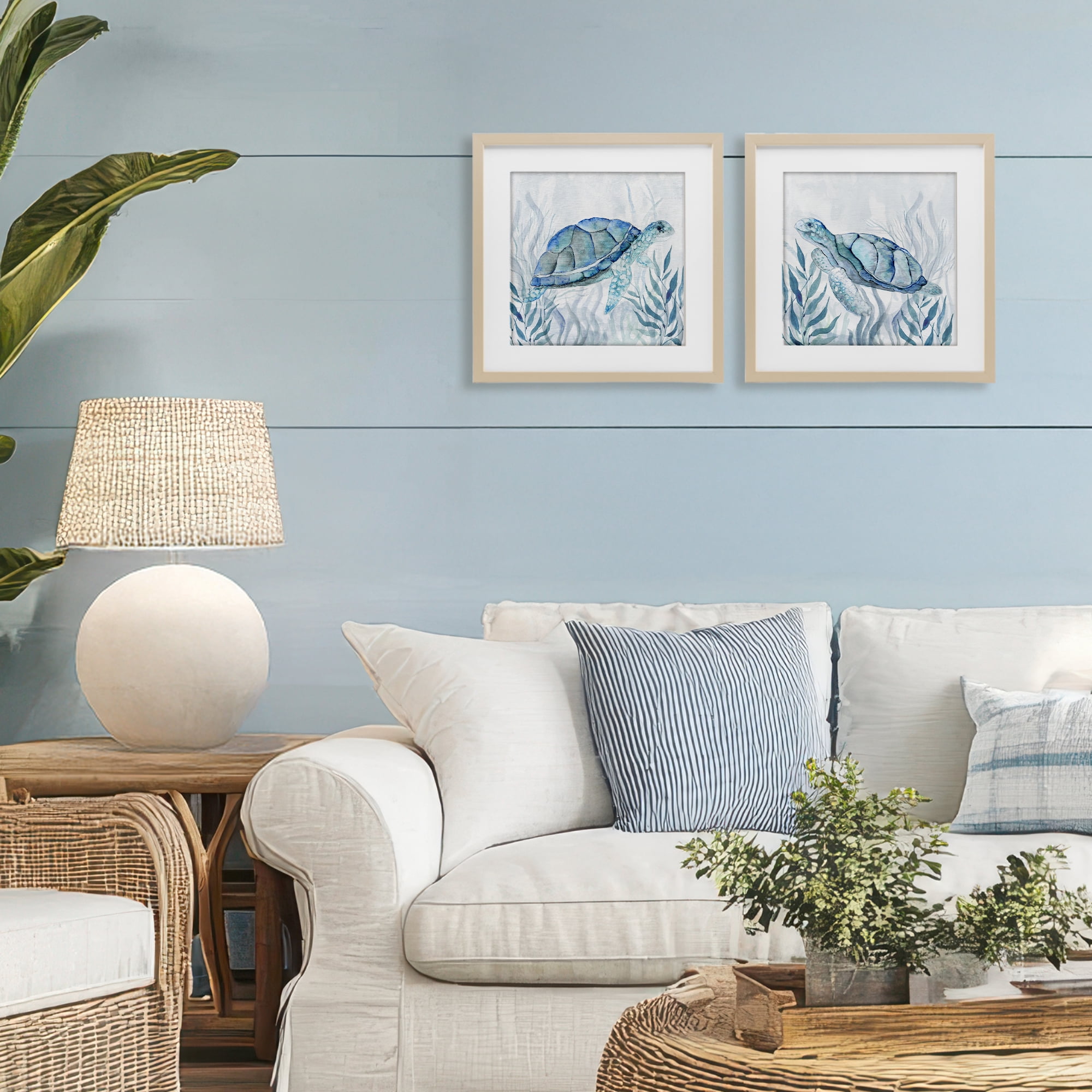 Stupell Industries Subtle Smiling Sea Turtles 2 Piece Birch Framed Print Under Glass Set, design by Janet Tava