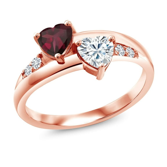 Gem Stone King 18K Rose Gold Plated Silver Solitaire Ring Heart Shape Red Rhodolite Garnet and Moissanite (1.05 Cttw, Size 5)