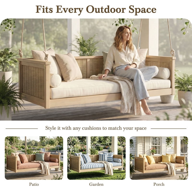 Porch Daybed Swing Outdoor Wooden Swing Bench, Patio Hanging Chair Swinging Bed with Long Ropes for Garden, Backyard, Deck
