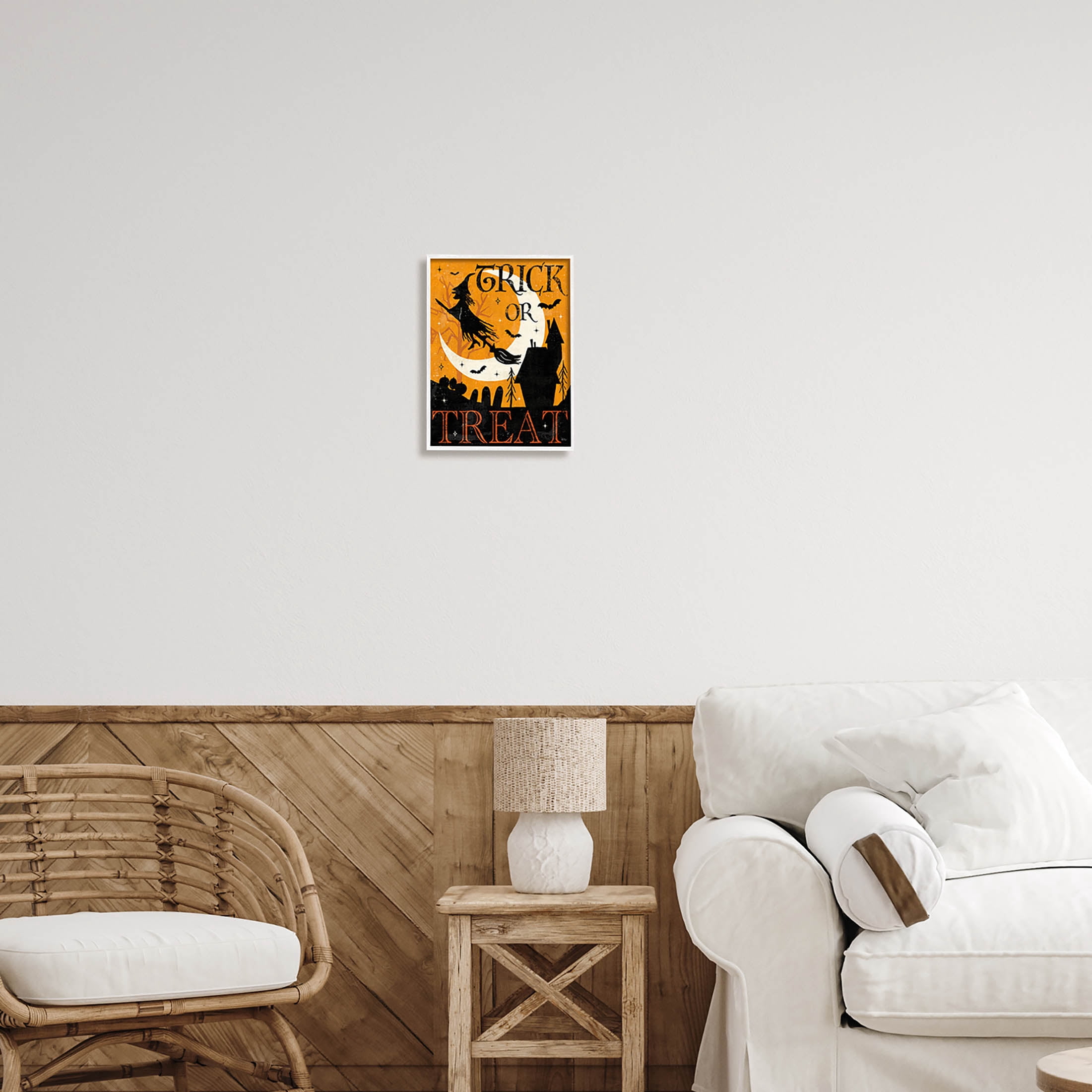 Stupell Industries Trick Or Treat Halloween Witch Graphic Art White Framed Art Print Wall Art, Design by Veronique Charron