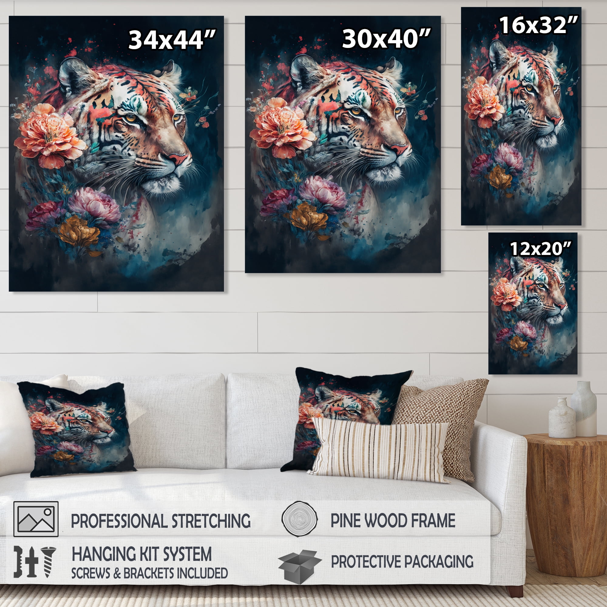 Designart Cute Tiger Floral Art II Canvas Wall Art