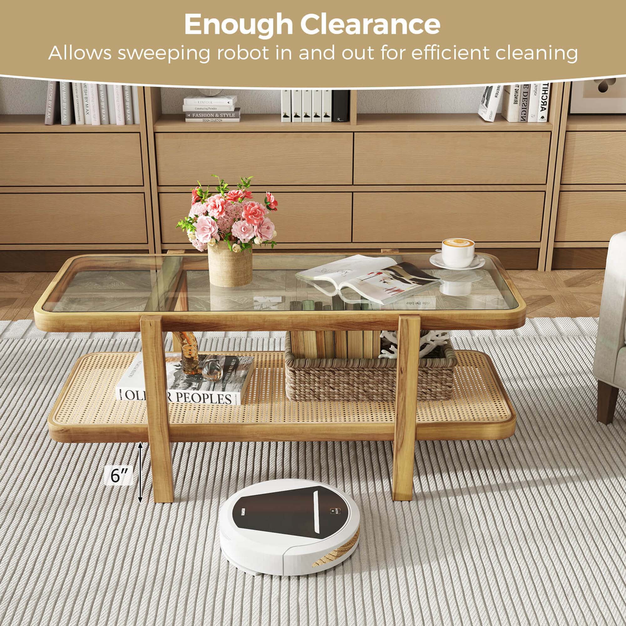 Costway 2-Tier Rustic Coffee Table with Storage Tempered Glass Tabletop PE Rattan Shelf