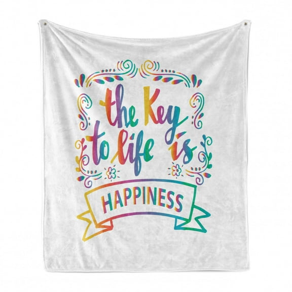 Saying Soft Flannel Fleece Throw Blanket, Gradient the Key to Life Is Happiness Cursive Typography Strong Ornamental Theme, Cozy Plush for Indoor and Outdoor Use, 50" x 70", Multicolor, by Ambesonne