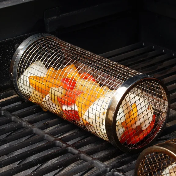 Rolling Grilling Basket Bbq Tube Round Mesh Cage Latching Lid Stainless Steel Sm