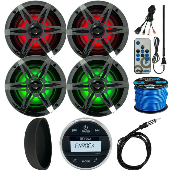 Enrock Marine Gauge Style Bluetooth Media Receiver Bundle with 4x 6.5" Waterproof 2-Way MultiColor LED Speakers with Chrome Grilles, LED Remote, Radio Cover, 2x Antennas, USB/AUX Interface, 16G Wire
