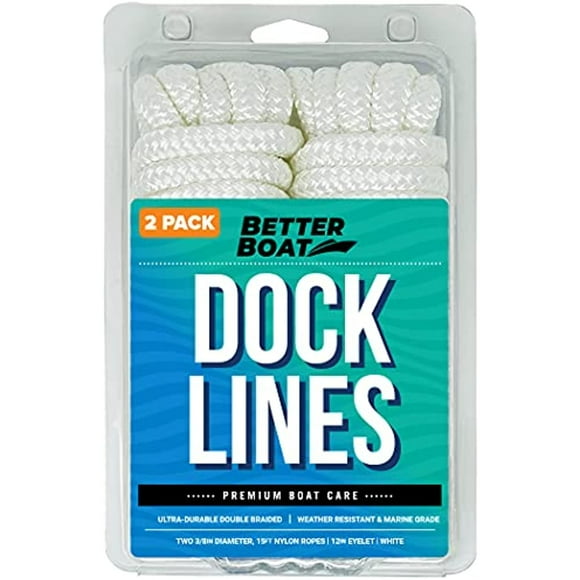 Dock Lines Boat Ropes for Docking 3/8" Line Braided Mooring Marine Rope 15FT Nylon Rope Boat Dock Lines for Docking Boat Lines Boating Rope Braided 15' Feet with Loop White 2 Pk