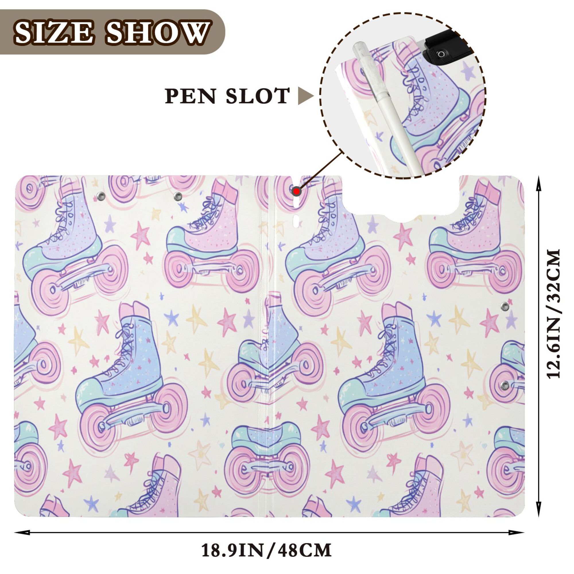 FORMRS A4 Clipboard Folder with Pen Holder Horizontal Foldable School Office Binder, Pink Skates