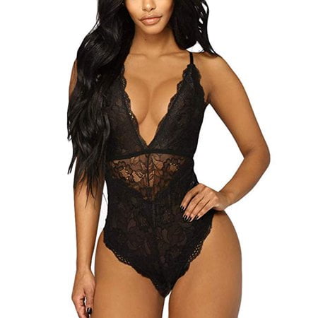 

Sinhoon Women Deep V Sexy Lace Bodysuit Snap Crotch Lingerie Teddy Underwear