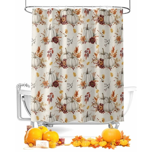 Fall Shower Curtain White Pumpkin Bathroom Curtains with Hooks, Waterproof Fabric Autumn Maple Leaf Flowers Linen Thanksgiving Bath Shower Curtains Set for Bathroom Bathtubs Decor 72x72 Inch