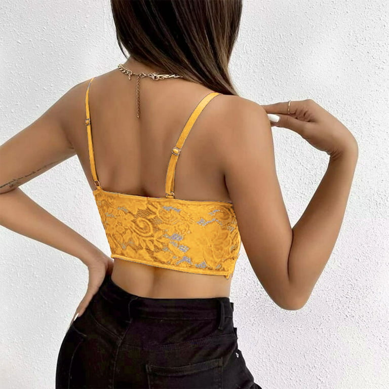 Biziza Womens Bra Bralette Sexy Lace Crop Top Plus Size V Neck Yellow Small  