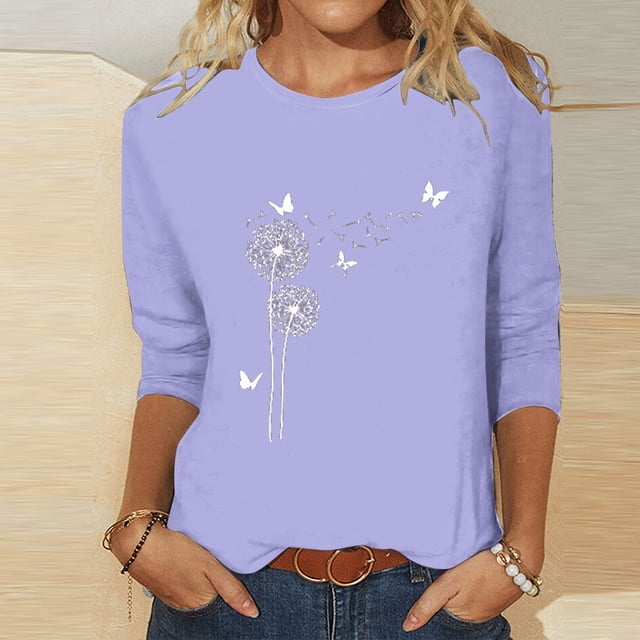 DPTALR T-shirt Imprimé pour Femmes Blouse à Manches 3/4 Col Rond Hauts Décontractés