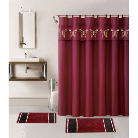 Burgundy Bathroom Curtains 4PC BURGUNDY BUTTERFLY BATHROOM SPRING DESIGN SET 2 BATH MATH, 1PC SHOWER CURTAIN , 12 RINGS COVERED ANTI-SLIP RUBBER MAT BACKING ()