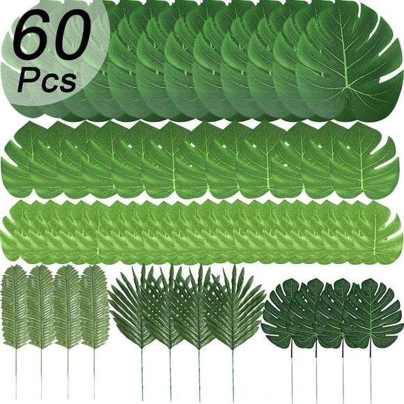 60 Pack Artificial Leaves In 6 Different Types Enthur, Imitation Tropical Plant Leaves For Table Decoration, Hawaiian Or Beach Themed Parties.